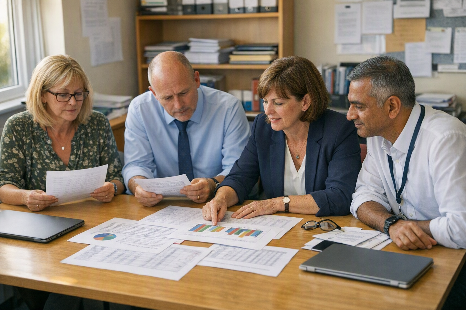A small group of school leaders sit around a table in an office, reviewing printed results charts in morning light.