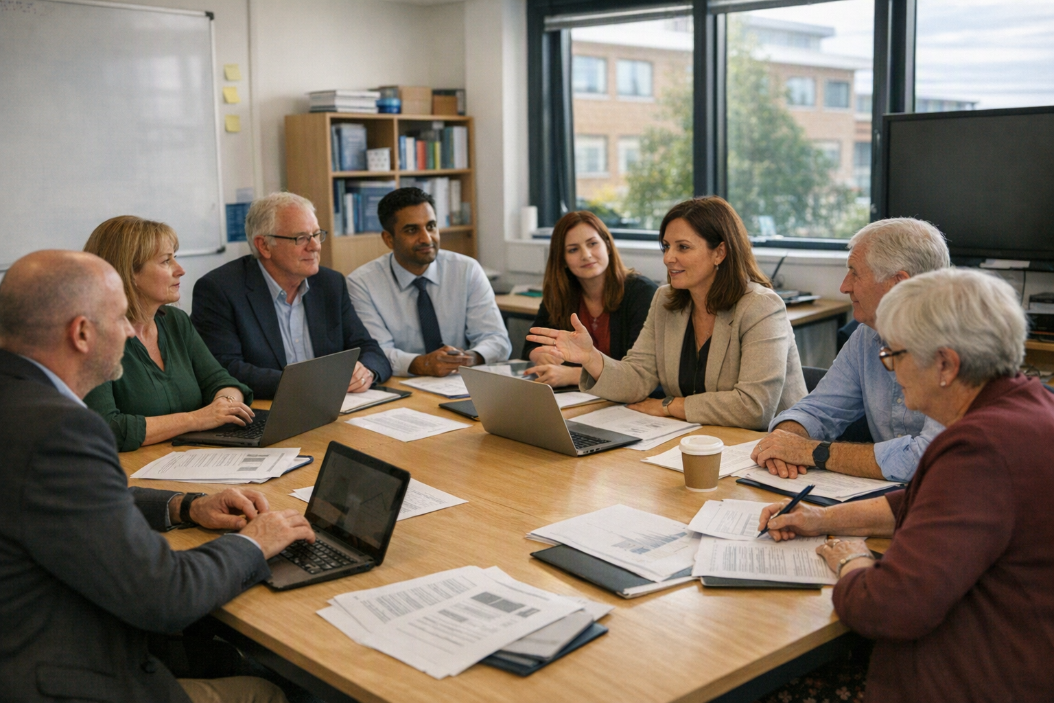 Teachers and school governors sit around a classroom table with laptops and papers during a planning meeting.