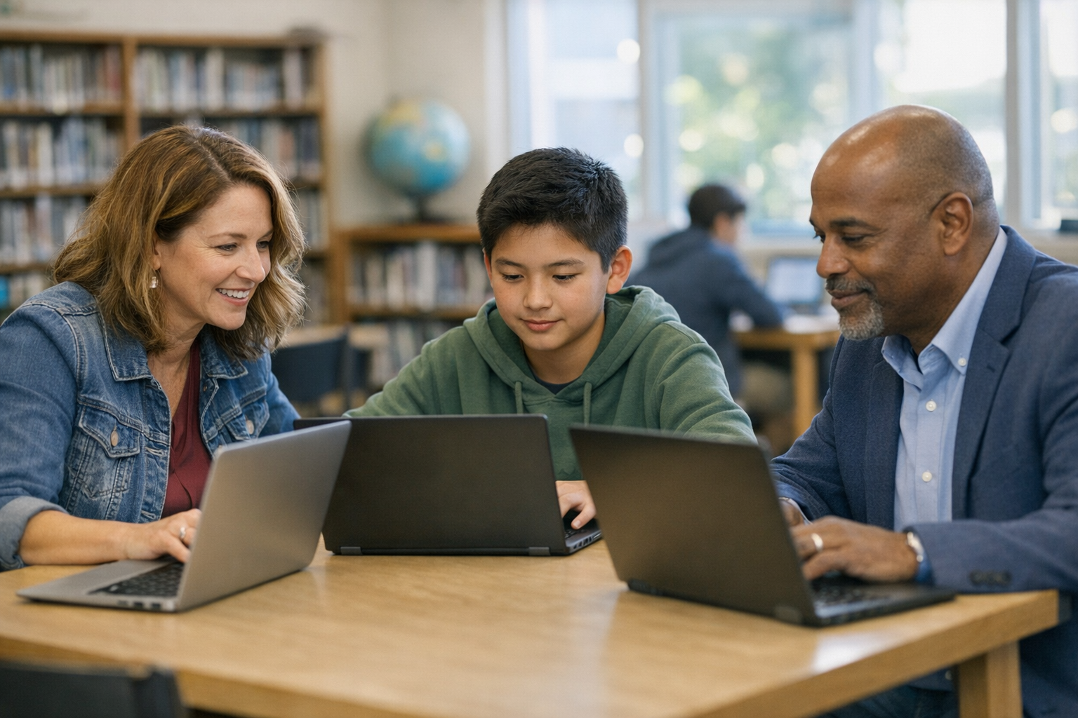A teacher, a student, and a school administrator sit together at a table in a school library with open laptops.