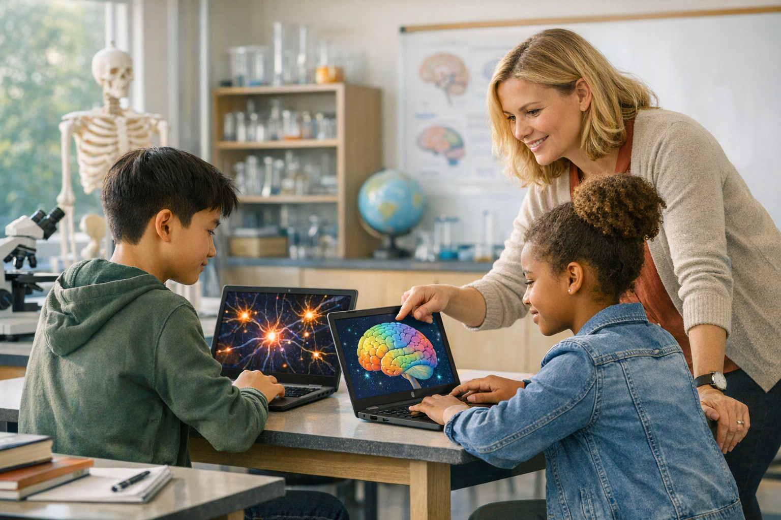 Two middle school students use laptops to explore colorful neuron maps while a teacher stands beside them in a science classroom.