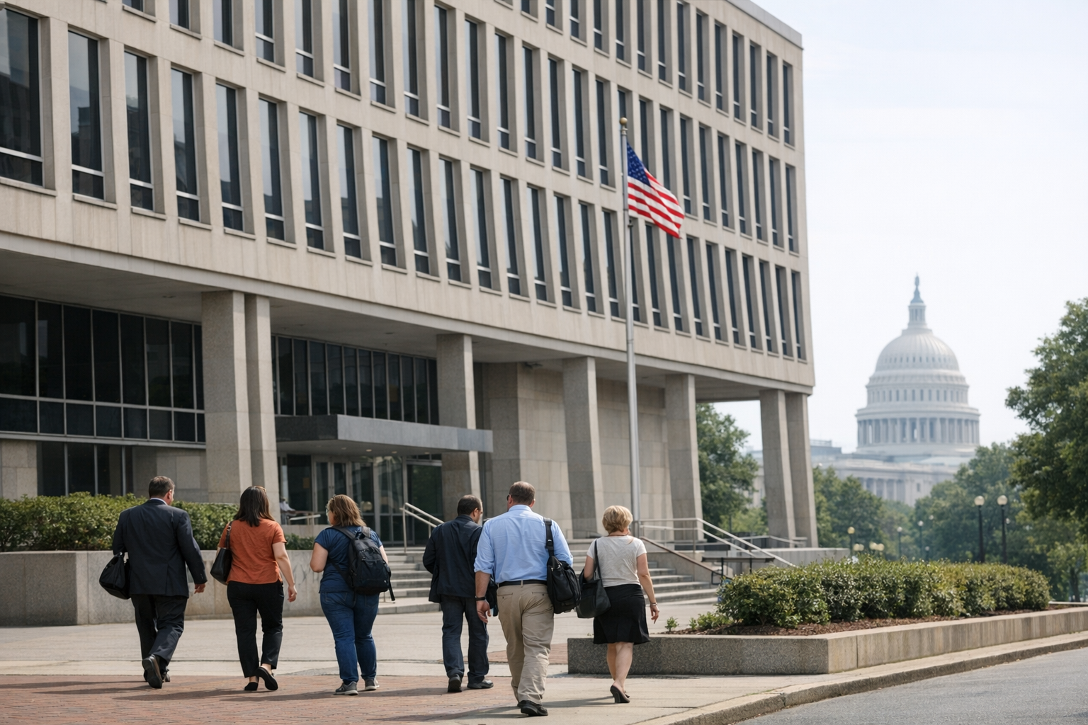 A federal office building in Washington with pedestrians on the sidewalk and the Capitol faintly visible in the distance.