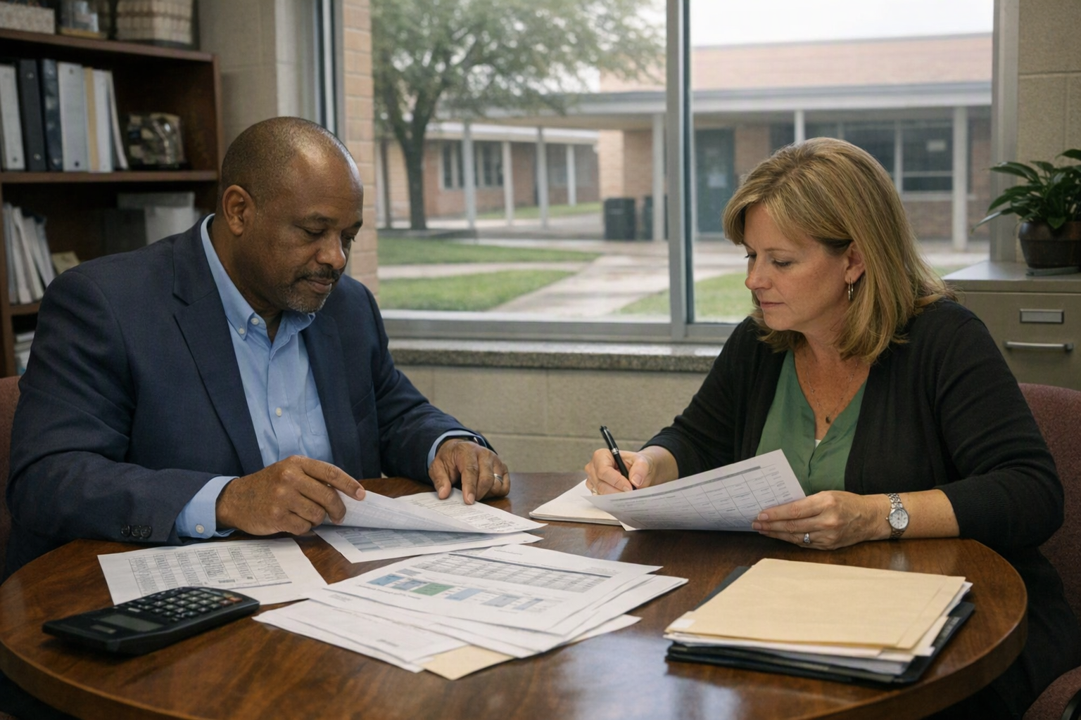 A school principal and assistant sit at a table in a campus office reviewing papers, with a quiet courtyard visible through the window.