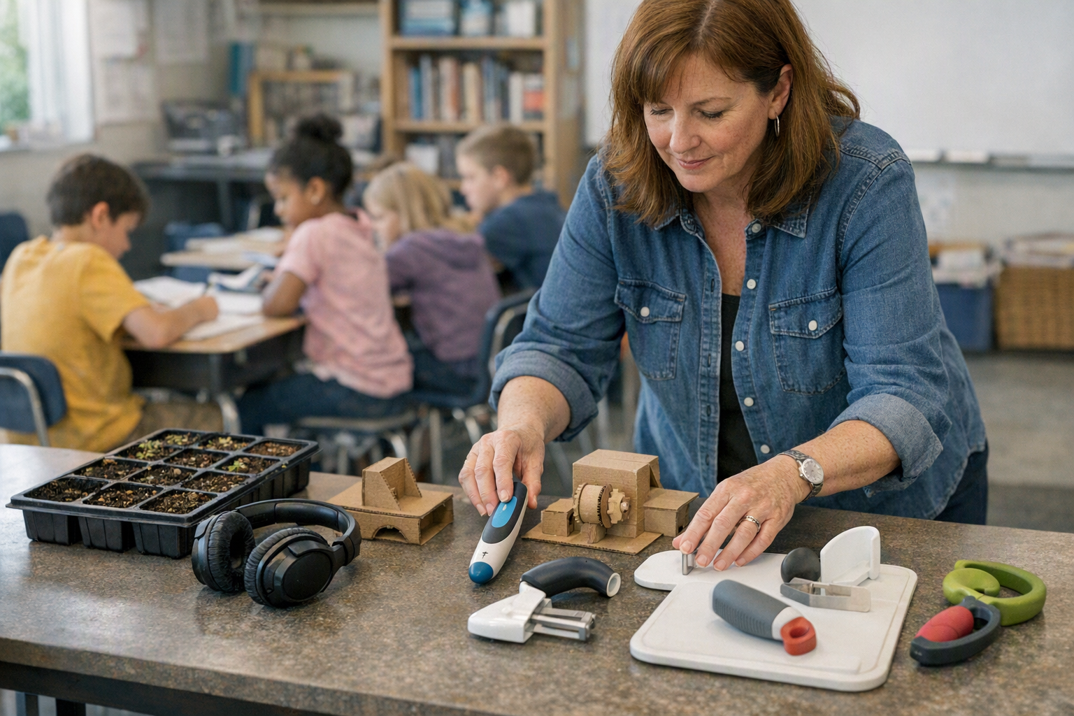 An educator stands at a classroom table with small project materials including headphones, a scanning pen, seed trays, cardboard models, and adaptive kitchen tools while students work nearby.