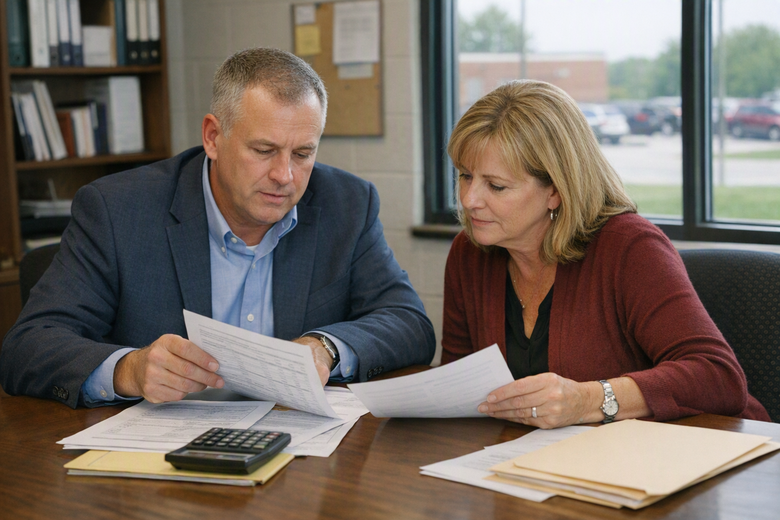 A school administrator and a principal sit at a conference table in a school office, looking over papers beside a calculator and folders.