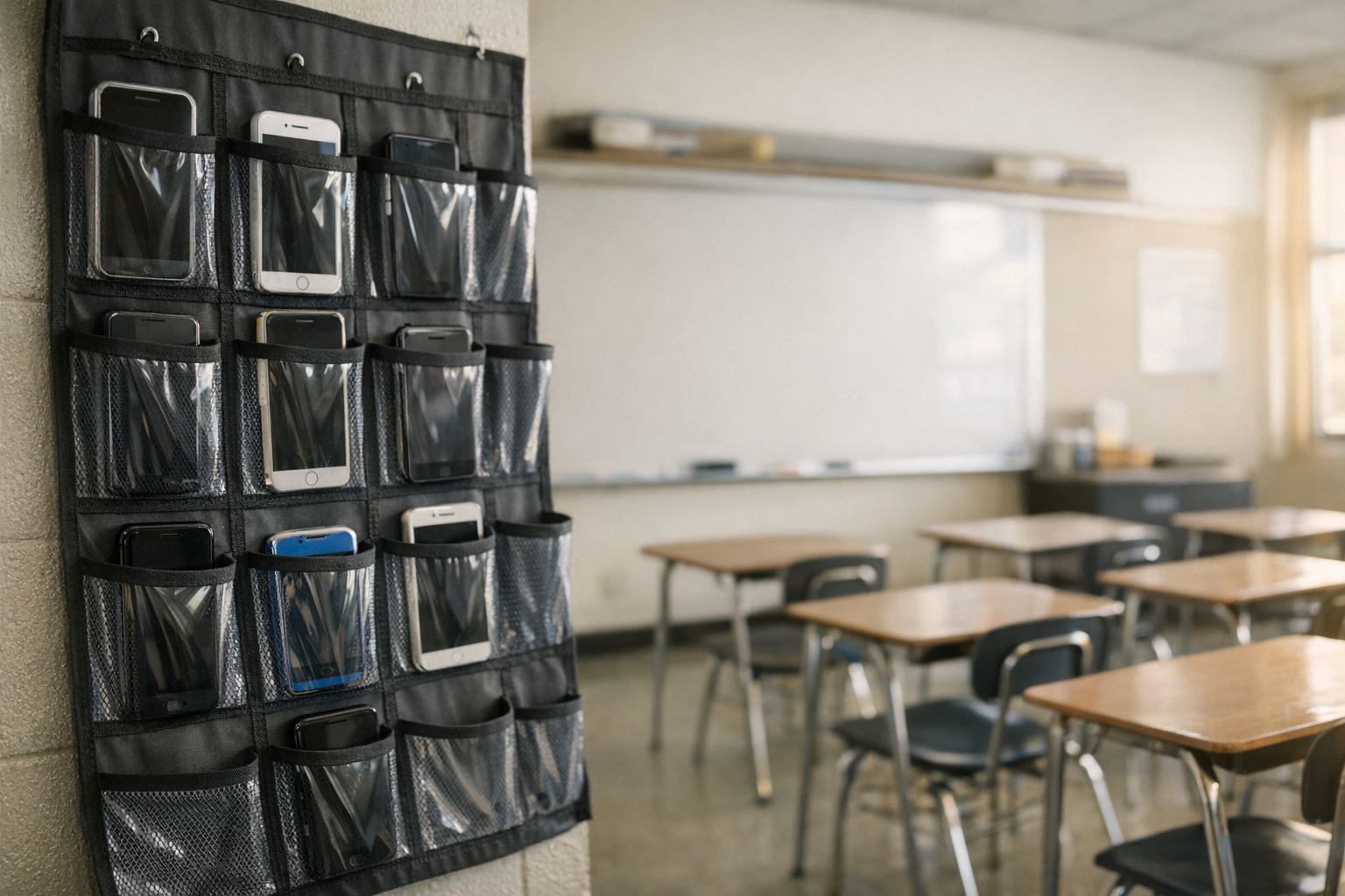 Several smartphones stored in hanging pockets at the front of an empty high school classroom with desks and soft daylight.