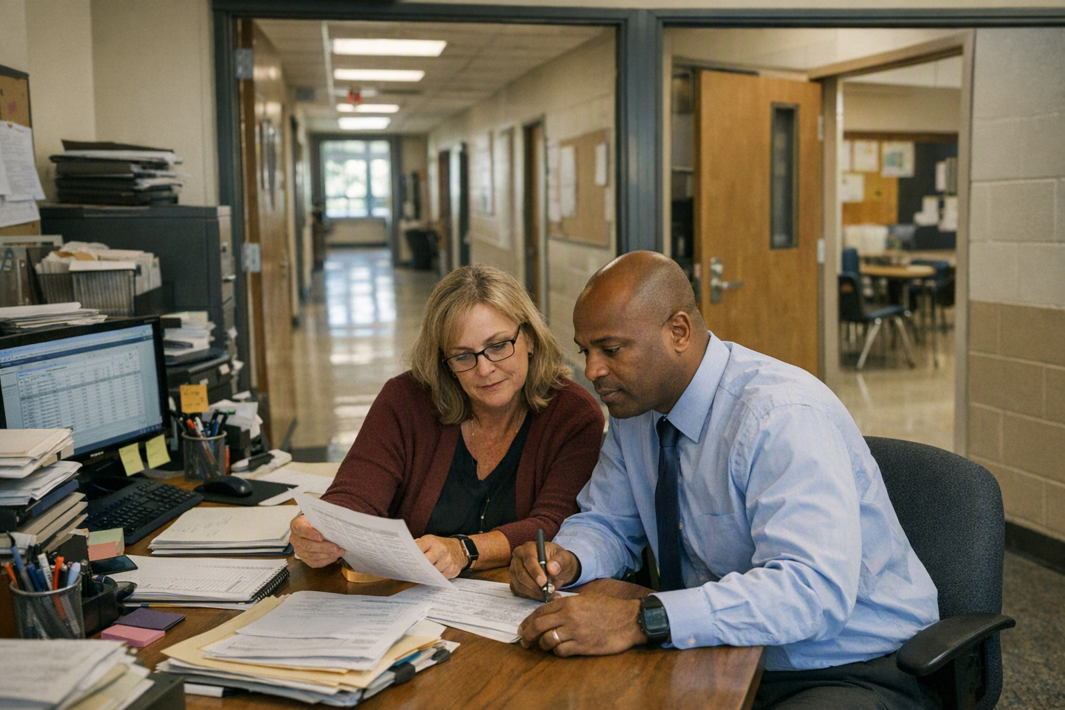 A school counselor and an administrator sit at a desk in a high school office reviewing papers, with a quiet hallway and classroom doors in the background.