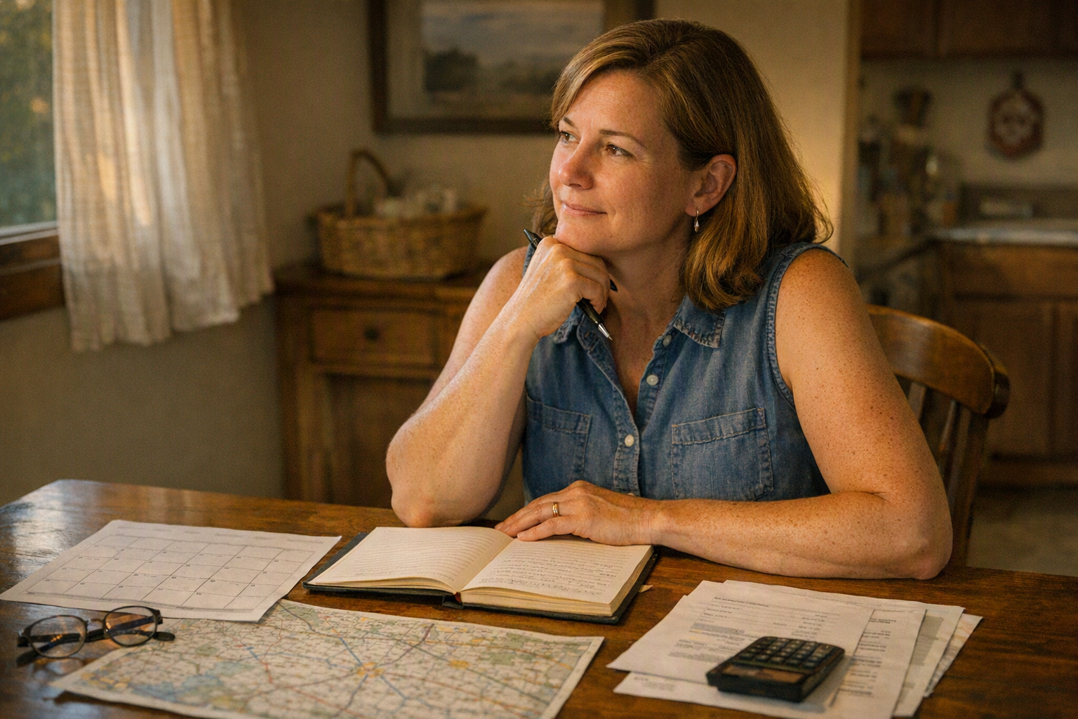 A teacher sits at a home table with a notebook, map, calendar, and papers while planning quietly in evening light.