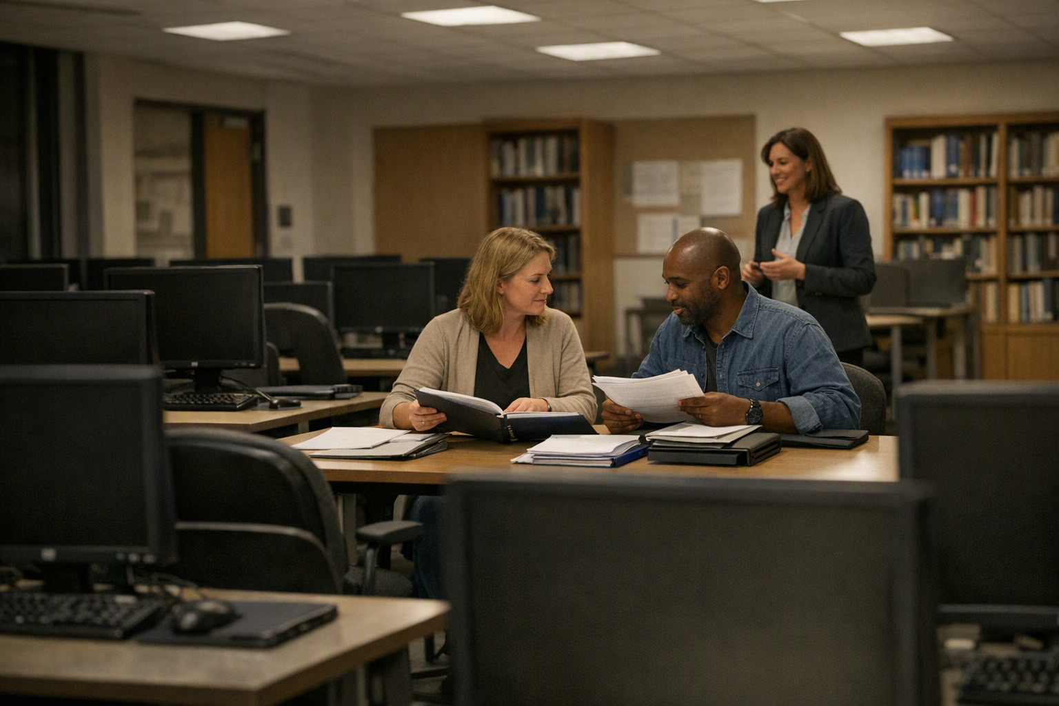 Two adult students sit at a table in a quiet campus computer lab while an advisor speaks with them near rows of dark monitors.