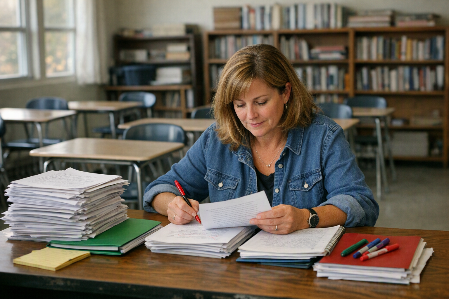 A teacher reviews stacks of student essays at a classroom table, with empty desks and shelves in the background.