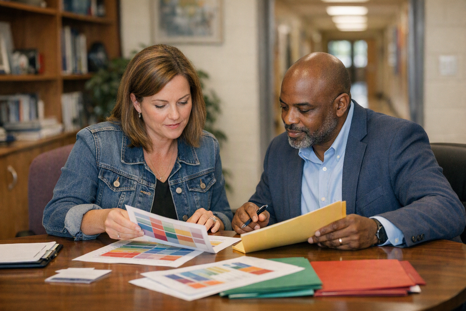 A school principal and teacher sit at a conference table in an office, looking over color-coded charts and folders with a hallway softly out of focus behind them.