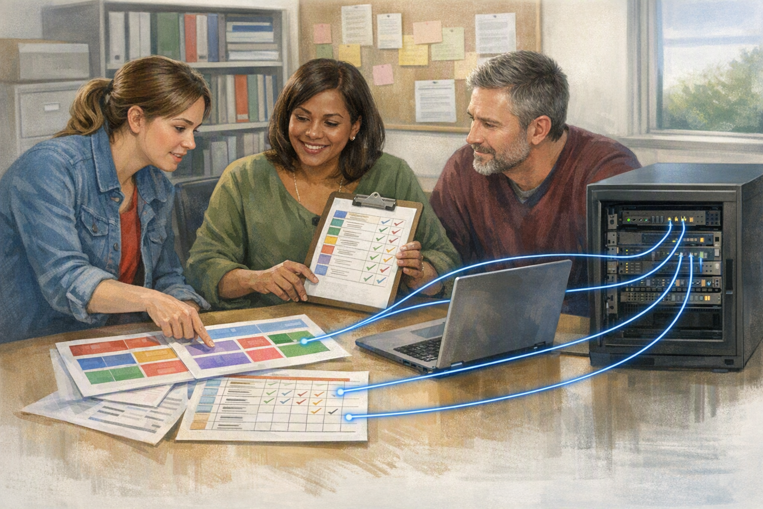 A teacher, curriculum lead, and developer sit around a table with lesson materials and a laptop in a district office near a server cabinet.