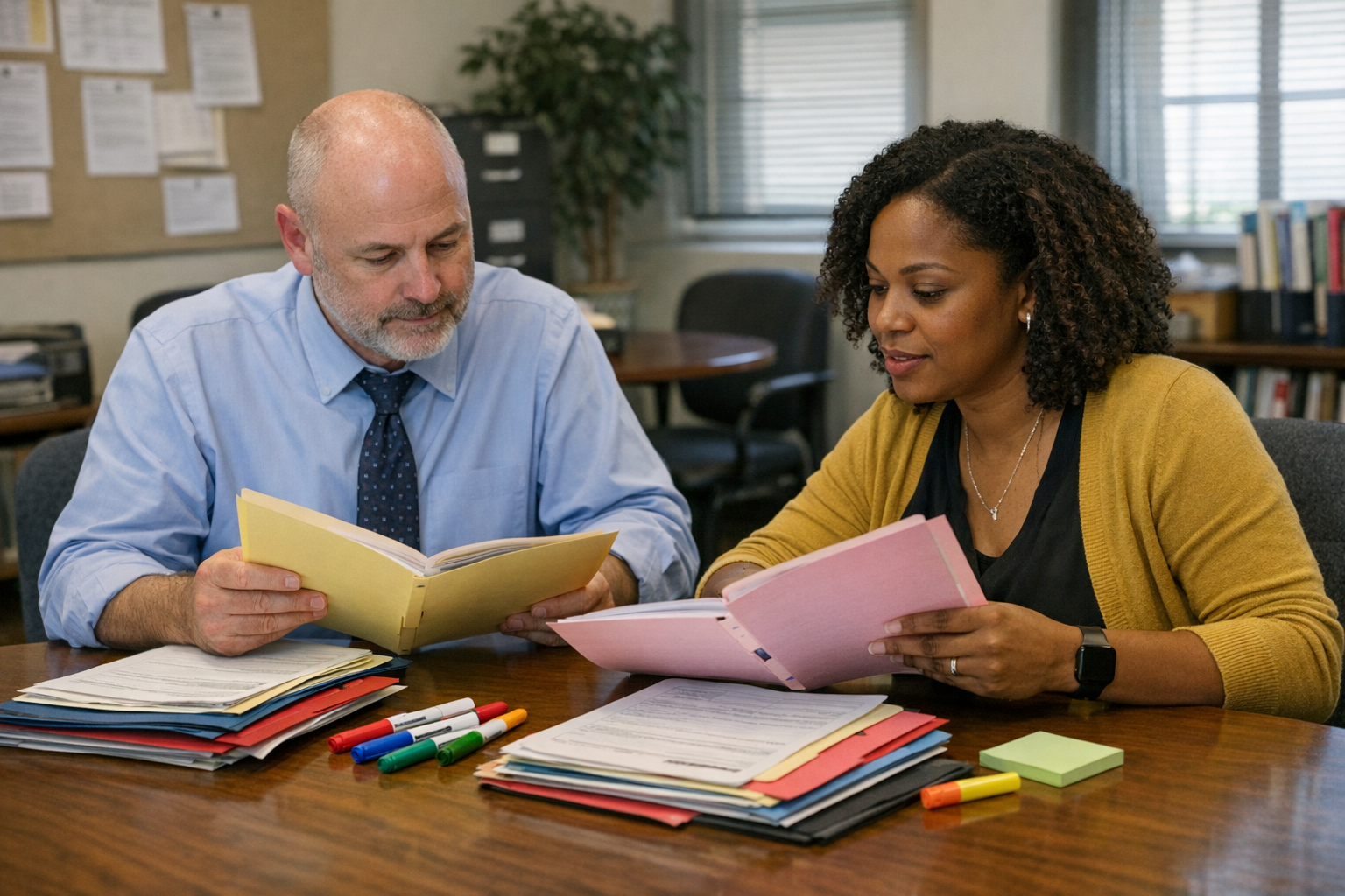 A school administrator and counselor sit at a conference table in a quiet office, reviewing paper folders and notes in daylight.