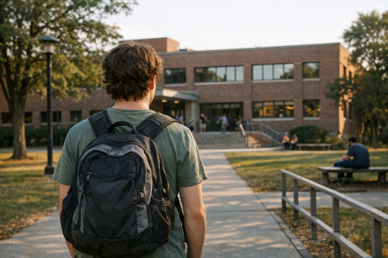 A young adult with a backpack stands on a campus walkway facing a brick college building in afternoon light.