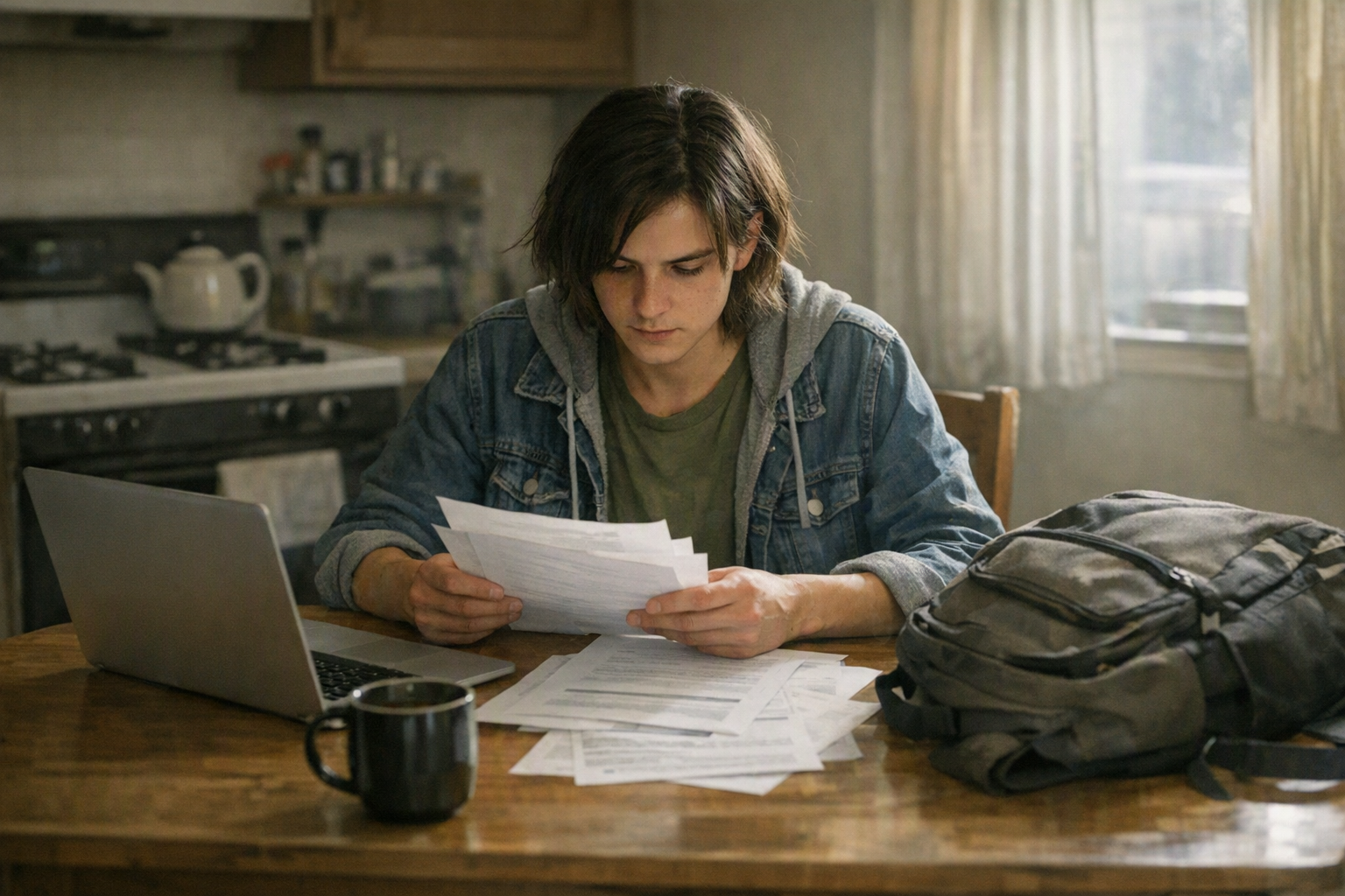 A young adult sits at a kitchen table with a laptop, papers, a backpack, and a coffee mug while preparing for college enrollment.