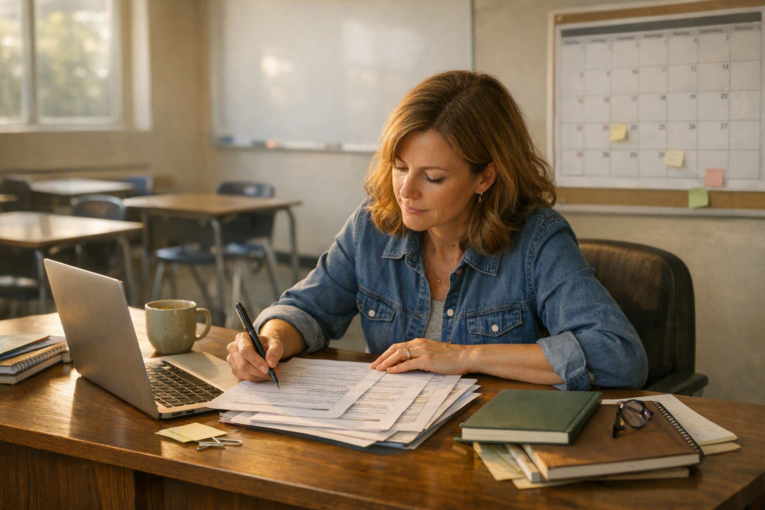 A teacher sits at a desk in an empty classroom with a laptop, lesson notes, notebooks, and a planner arranged for unit planning.