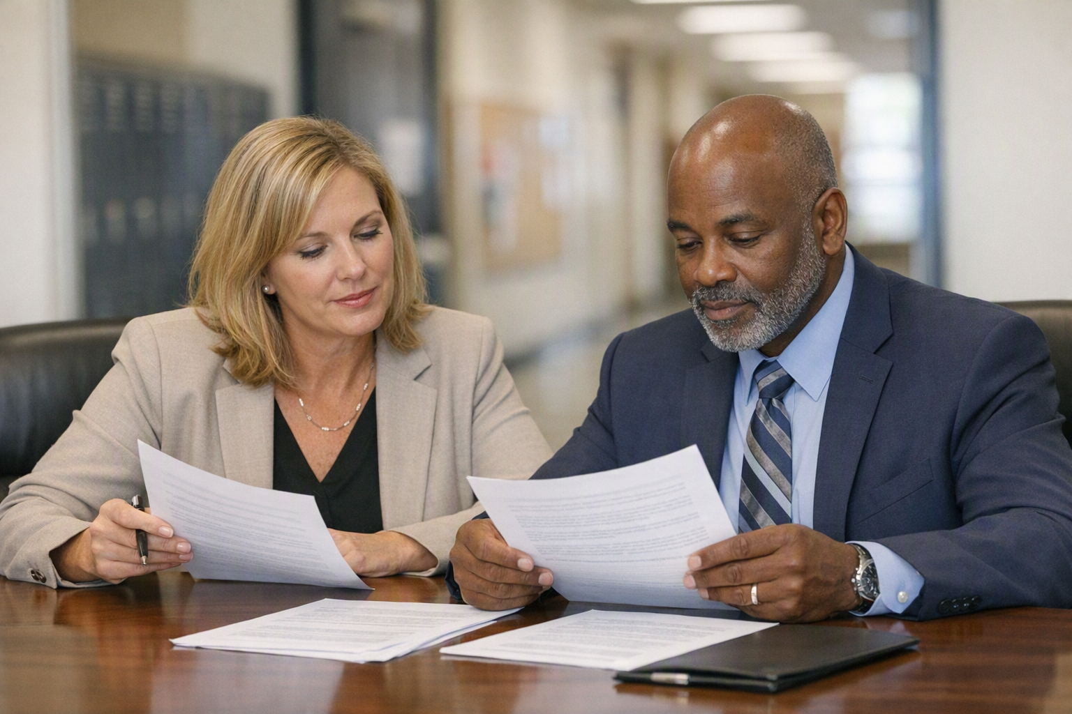 Two school administrators review printed documents at a conference table in a district office, with a blurred hallway behind them.