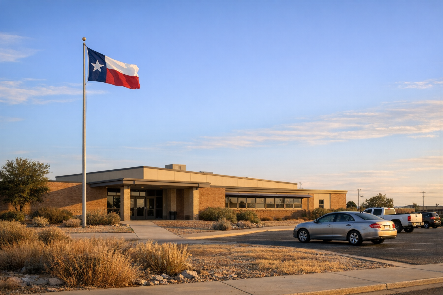 A school district administration building in a dry West Texas setting with a Texas flag and parked cars outside.