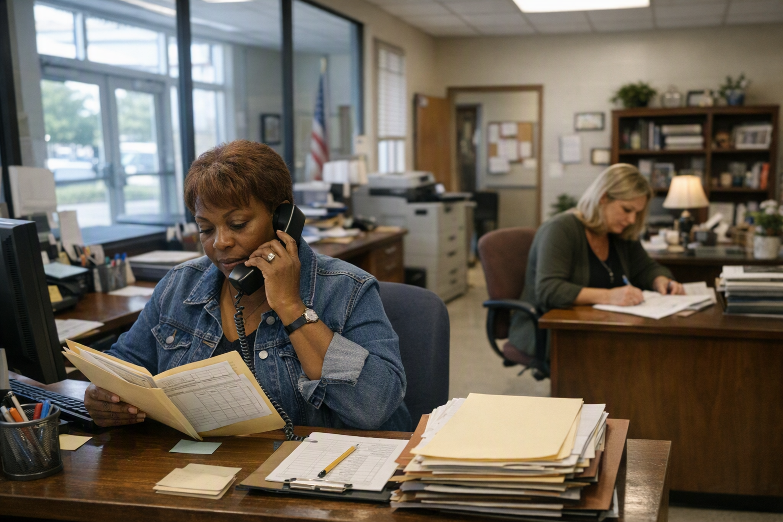 A school office staff member makes a phone call at a front desk while reviewing attendance folders, with another staff member nearby in a public school office.