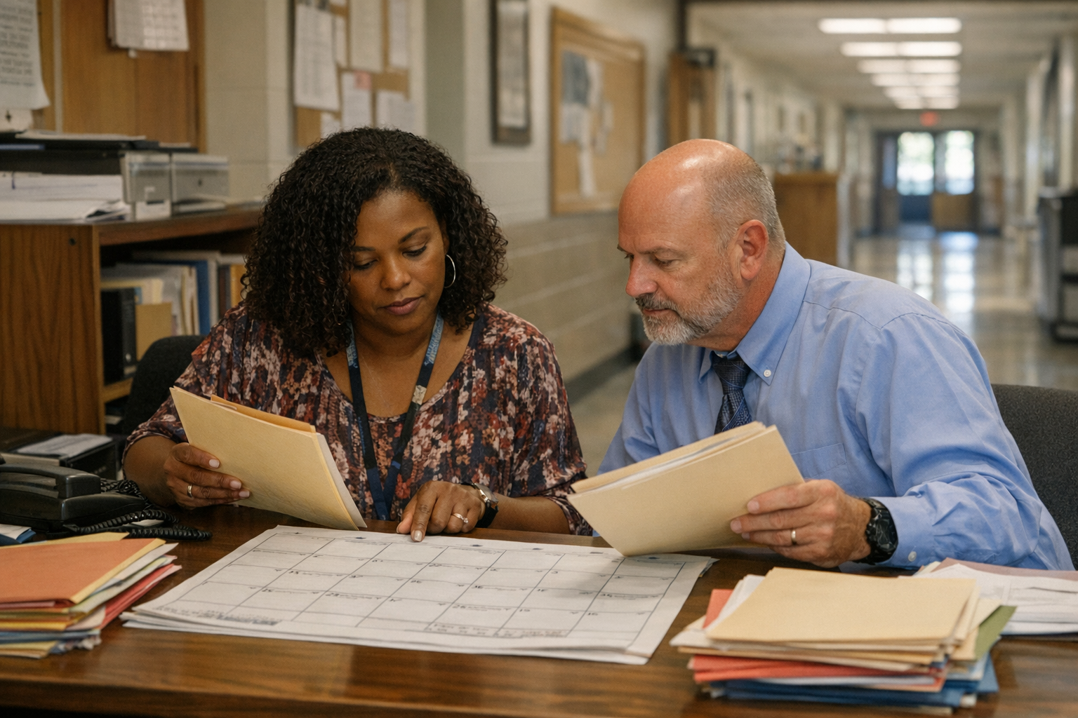 A school office staff member and an administrator review attendance paperwork at a front desk before classes begin.