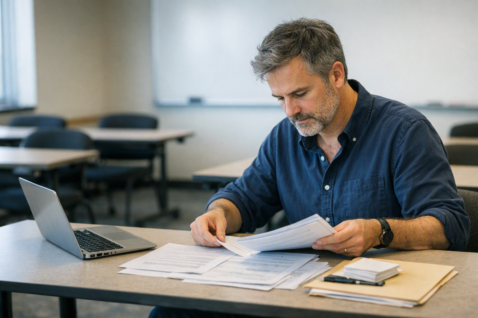 A college instructor sits alone in an empty classroom, sorting lesson papers next to a laptop.