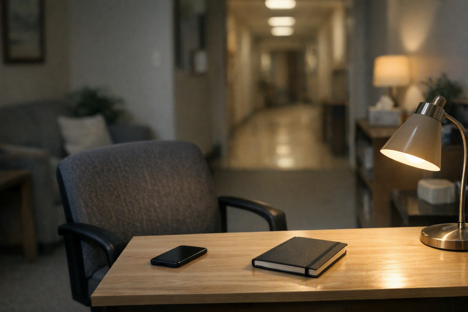 An empty school counseling office with a desk, chair, face-down phone, notebook, and a softly lit hallway beyond.