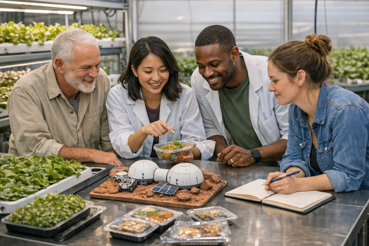 Three university-age researchers stand around a worktable in a greenhouse lab with hydroponic lettuce, food samples, and a small habitat model.