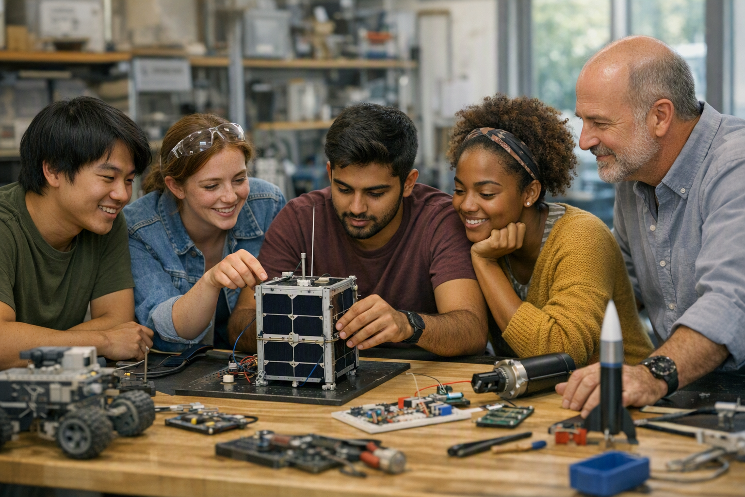 A group of college students stands around a workbench in a campus maker lab, examining a small satellite prototype and model parts while a faculty advisor looks on.