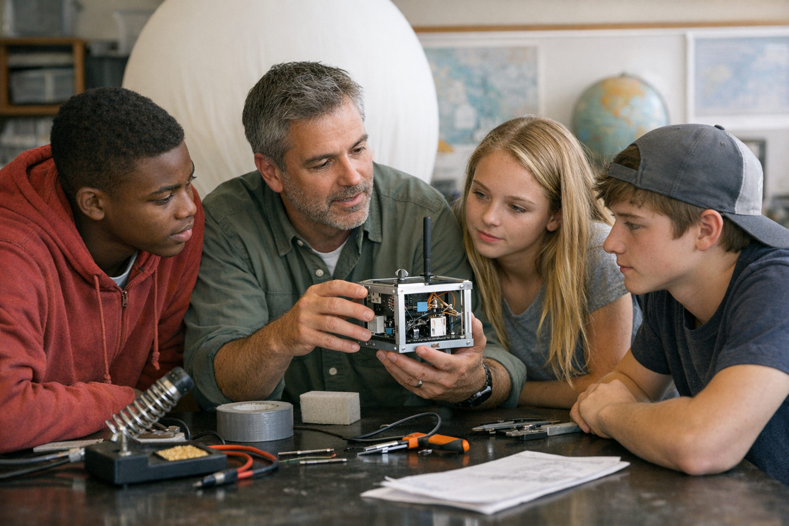 A teacher and three students stand around a classroom lab table, inspecting a small experiment prototype beside sensors, wires, and tools.