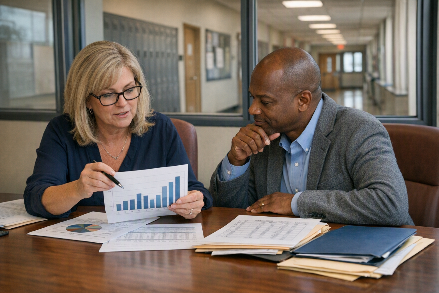 Two school staff members review budget papers at a conference table in a district office, with a hallway visible through interior windows behind them.