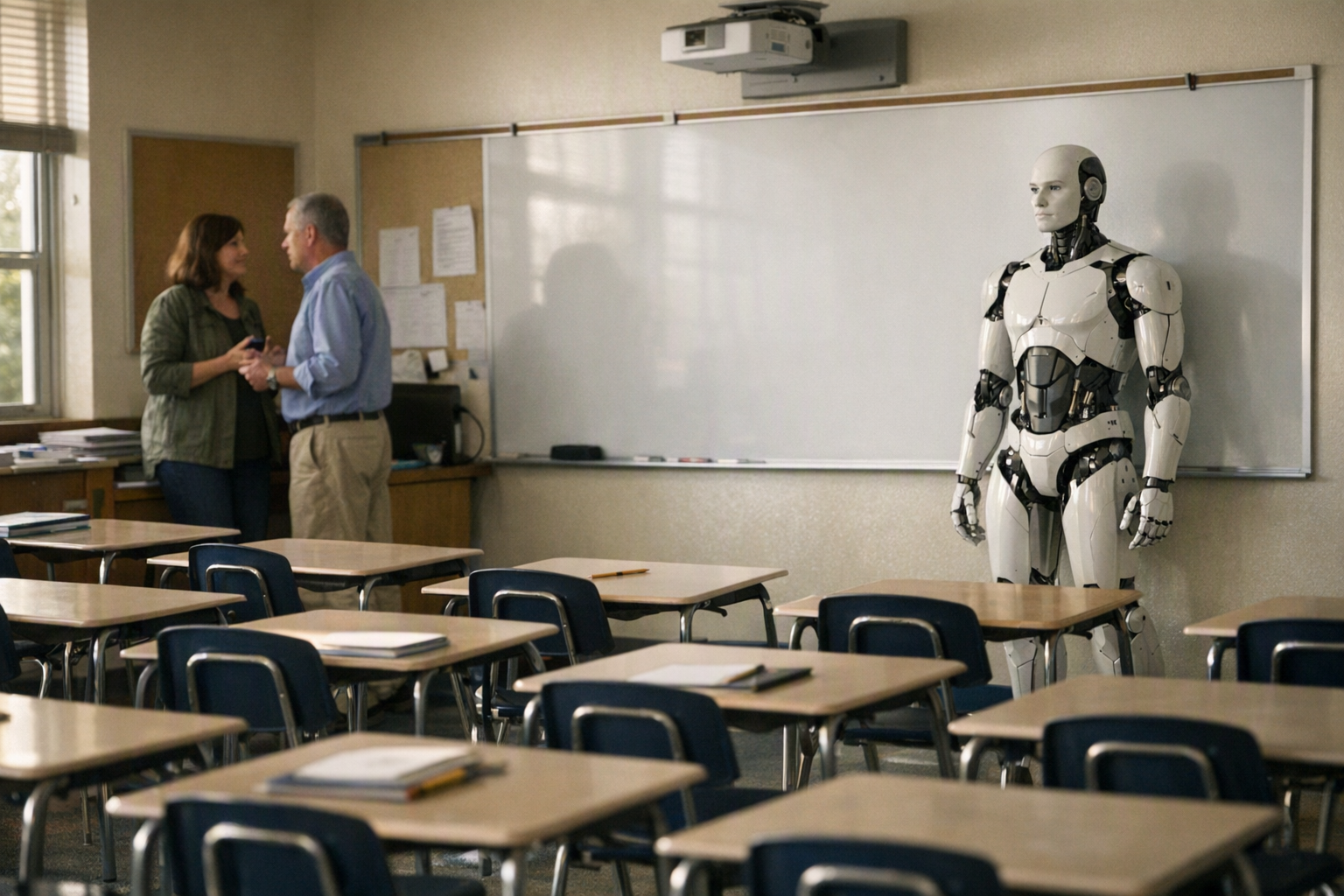 A humanoid robot stands at the front of a quiet high school classroom while two adults talk near student desks.