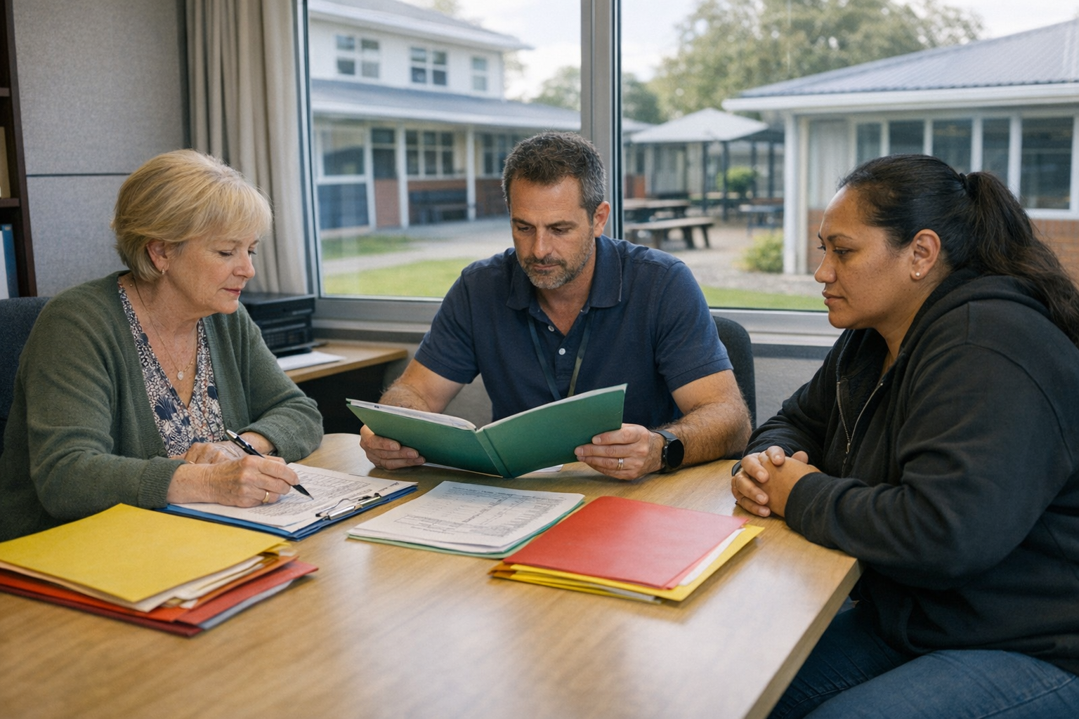 An administrator, teacher, and parent sit around a table in a school office reviewing folders, with a school courtyard visible through the window.