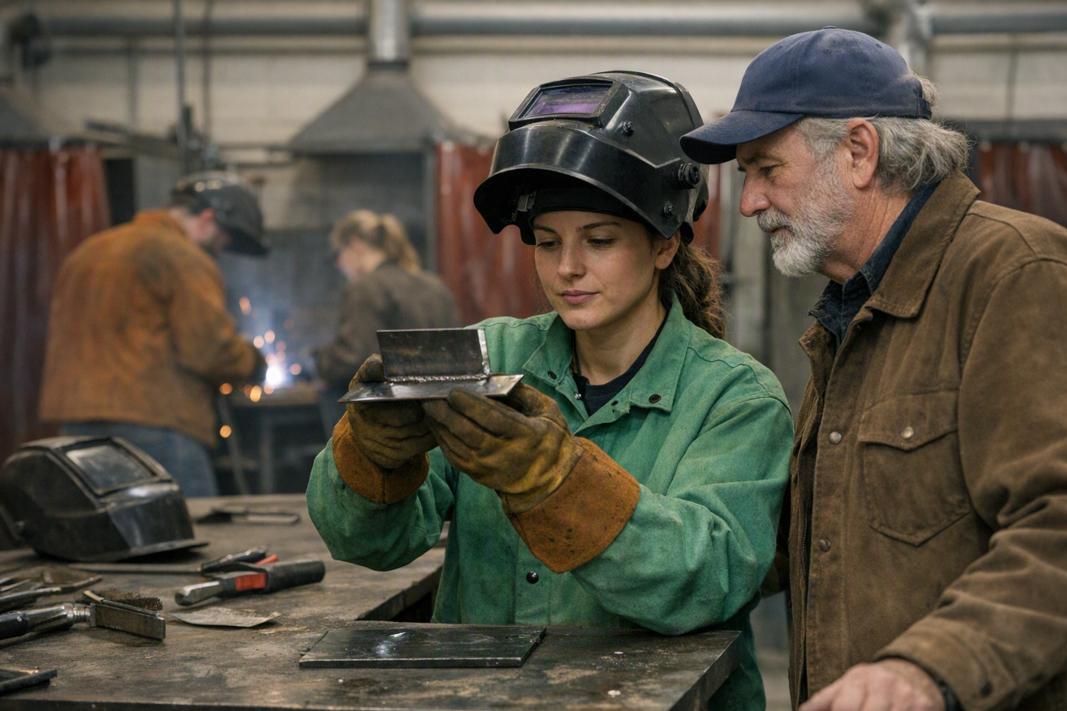 Adult students and an instructor in a community college welding lab, standing near metal workpieces and equipment.