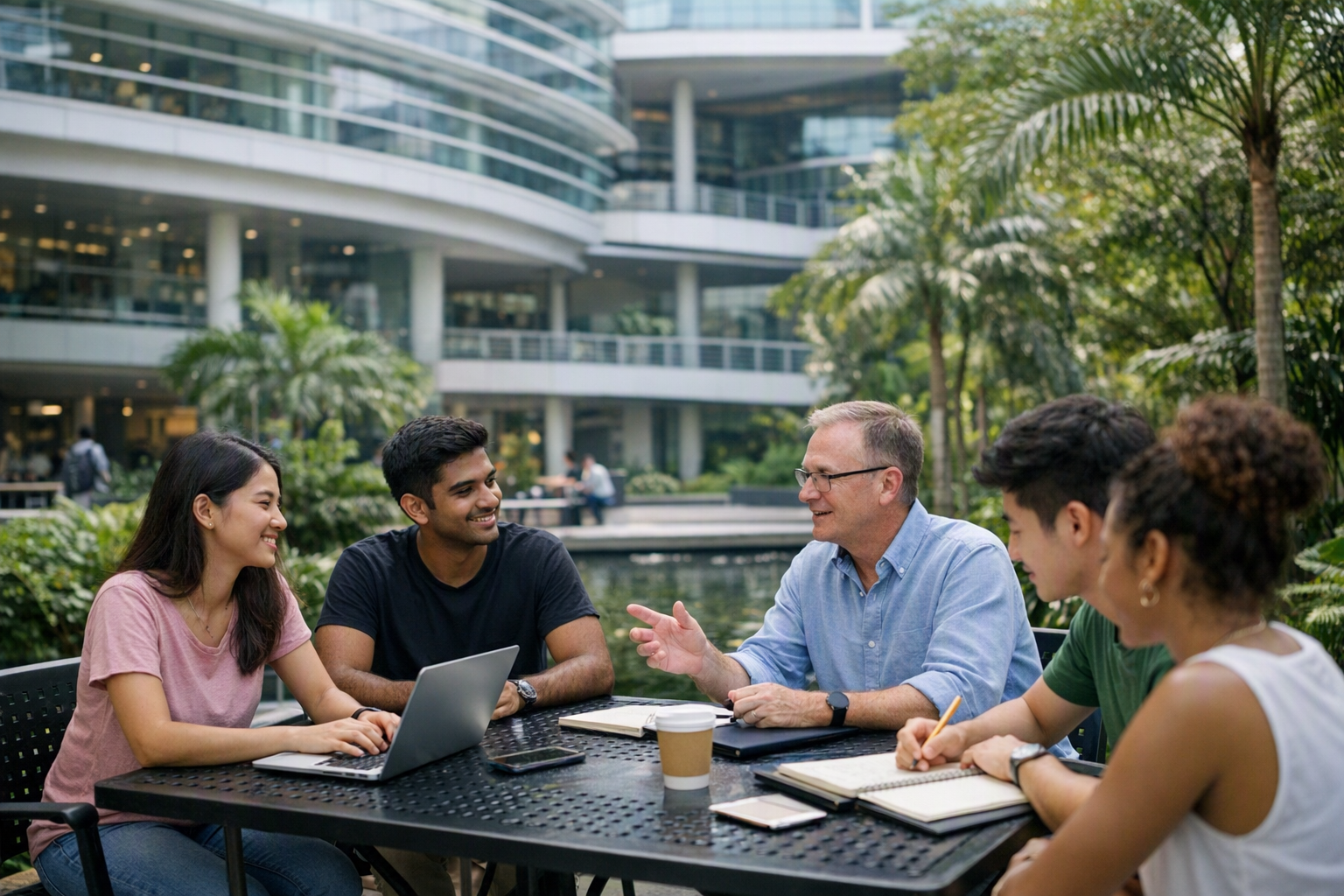 A small group of students and a faculty member sit at outdoor tables on a modern campus with laptops and notebooks, with glass buildings and tropical trees behind them.