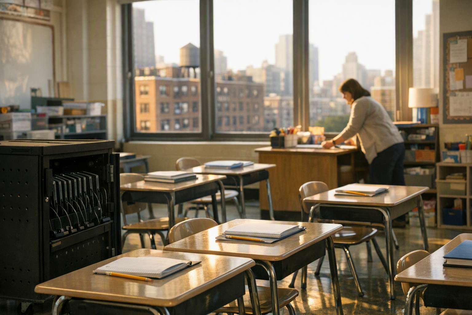 A public school classroom with desks, notebooks, and a cart of closed laptops near the front of the room as a teacher gets ready before class.