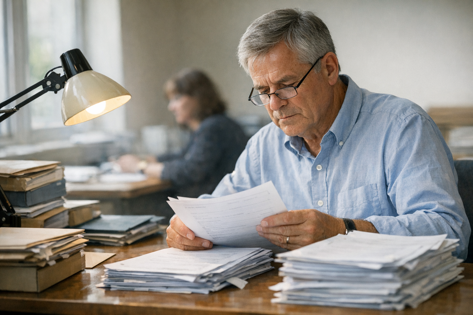 An assessment moderator sits at a desk in an office sorting through anonymous exam papers, with files and a lamp nearby and another colleague blurred in the background.