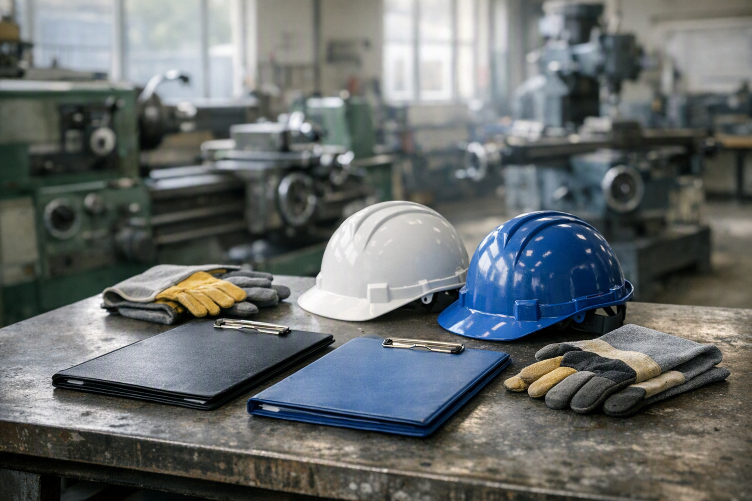 Safety helmets, gloves and closed clipboards on a bench in an engineering training workshop, with machinery blurred in the background.