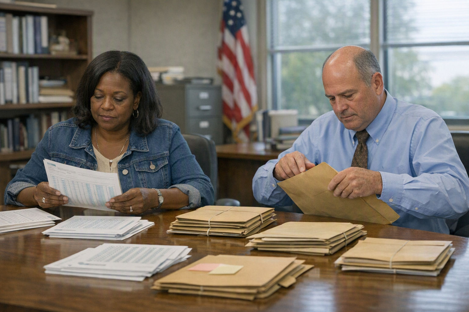 A school administrator and testing coordinator sit at a conference table with stacks of blank answer sheets and folders in a daylight office.
