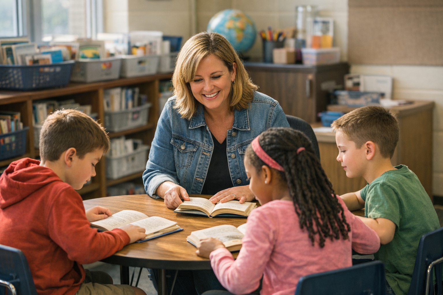 A teacher works with three young students reading books around a small table in an elementary school intervention room.