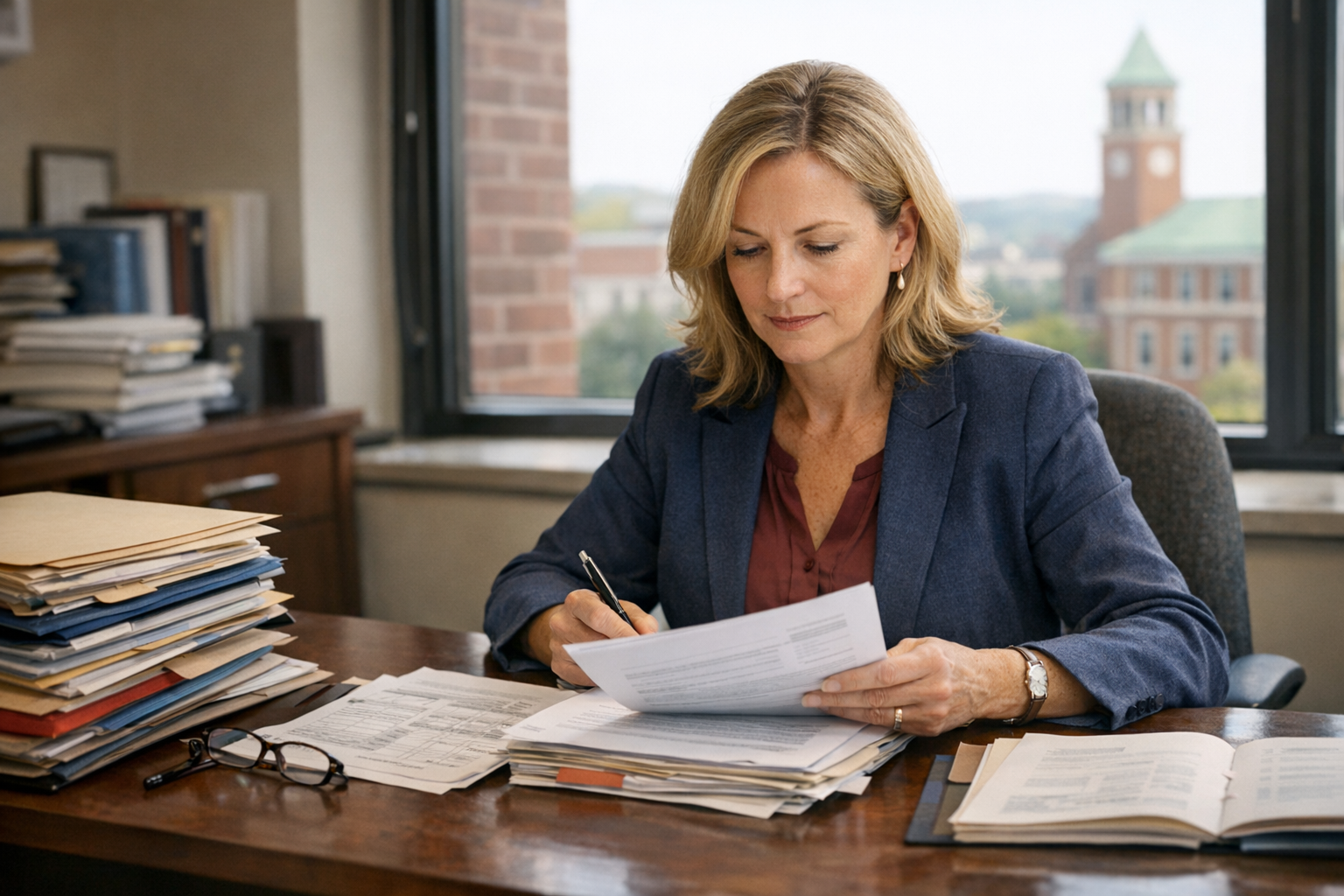 A university administrator works through stacks of grant documents at a desk in a campus office.