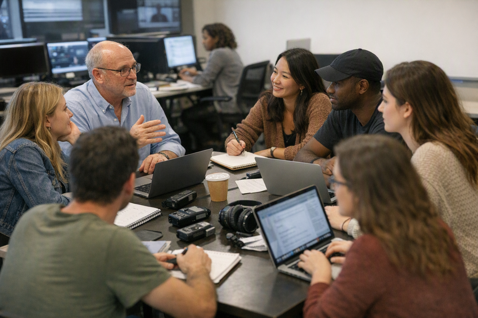 Students and a faculty member work around tables with laptops, notebooks, and recording gear in a newsroom-style classroom.
