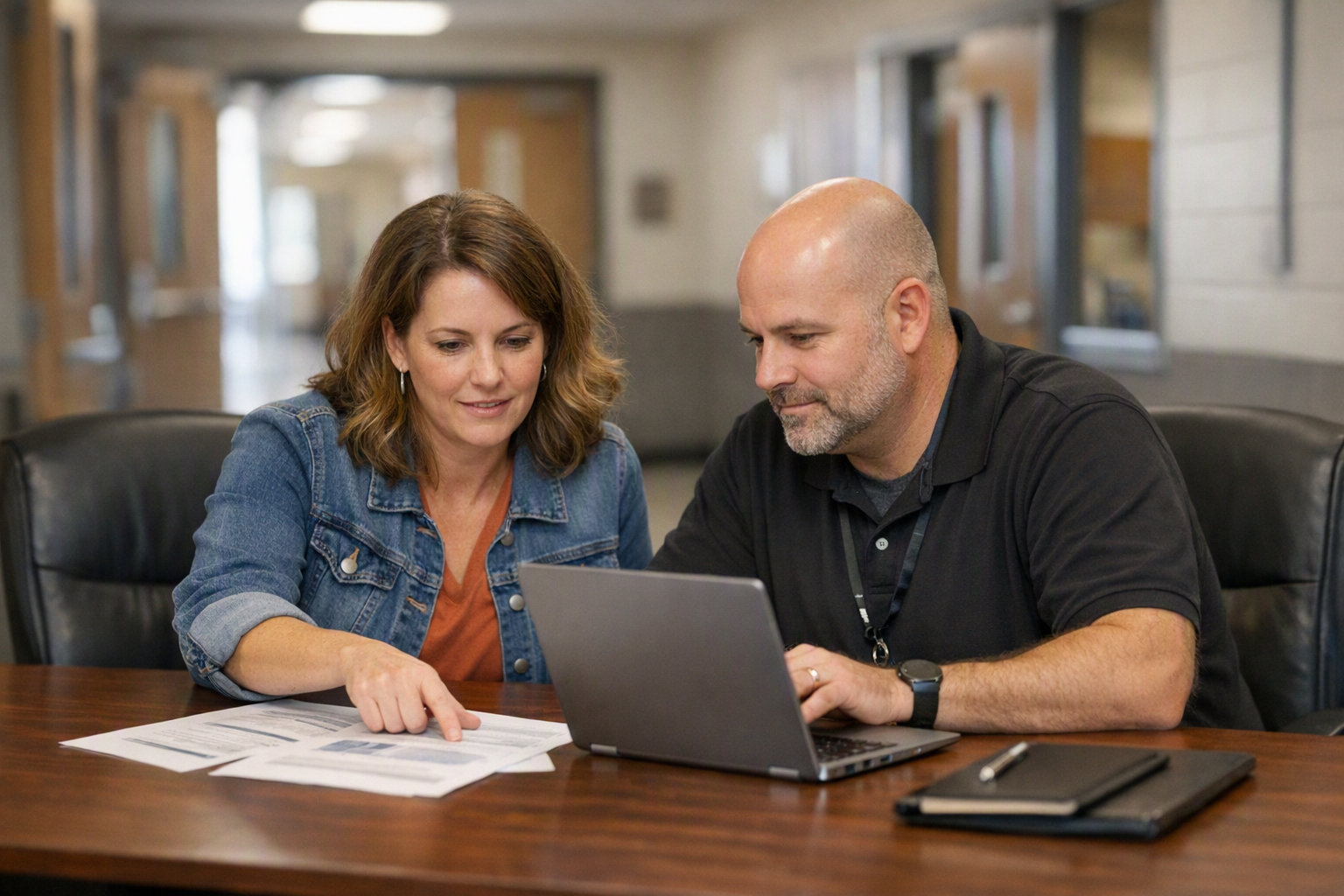 A teacher and a district technology administrator sit at a conference table with a laptop and papers in a school office, with a school hallway in the background.