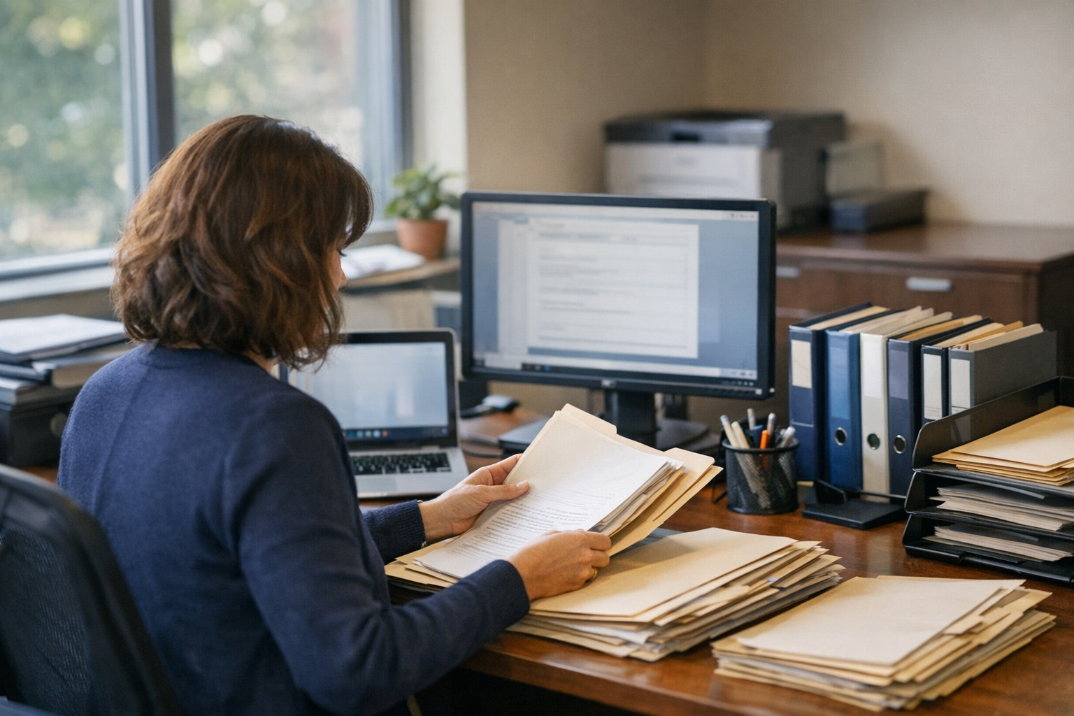 A staff member in a campus office sits at a desk with a laptop, second monitor, folders, and printed reports in soft natural light.