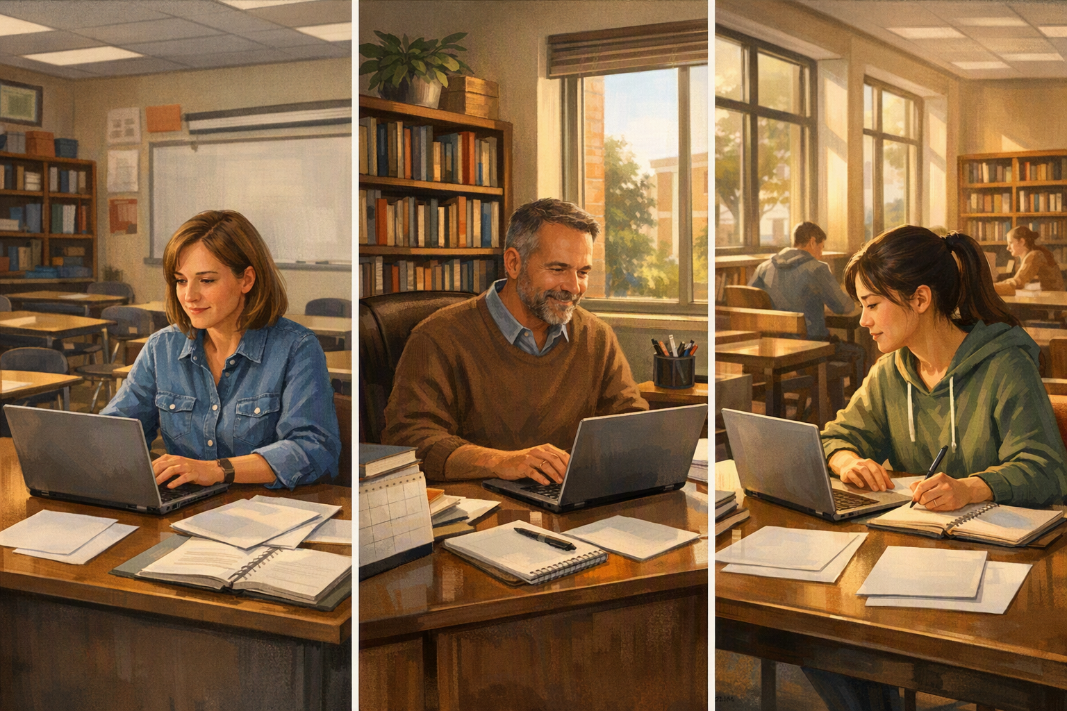 Illustration of a teacher, a college instructor, and a student in separate school and campus spaces working with laptops, notebooks, and paper materials.