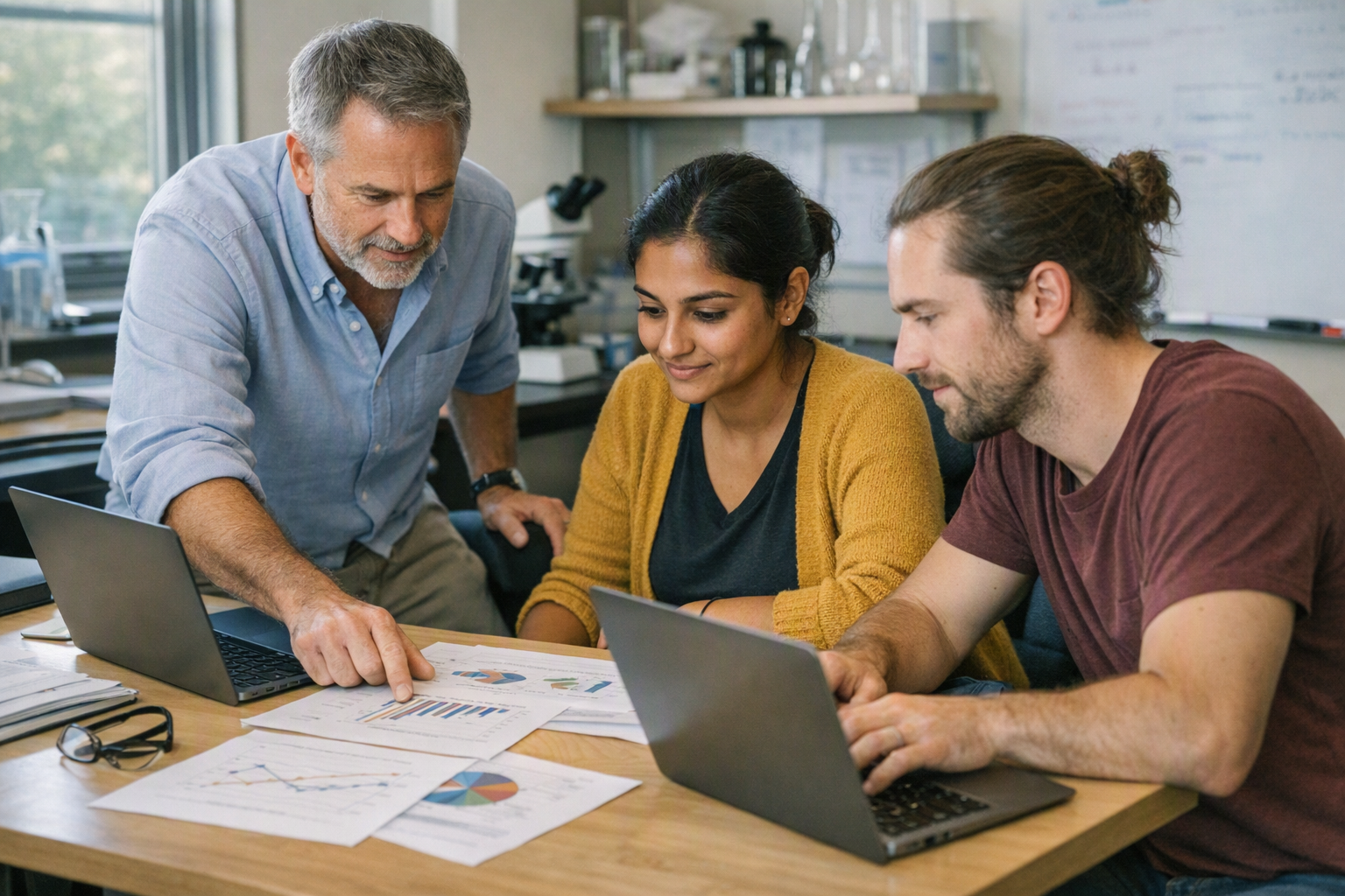 A faculty researcher and a postdoctoral scholar sit with colleagues around a table in a campus lab office, reviewing work on laptops and paper notes.