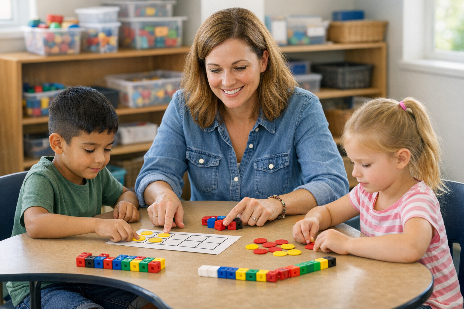 An elementary teacher works with two young students at a small table using counting blocks and counters in a classroom.