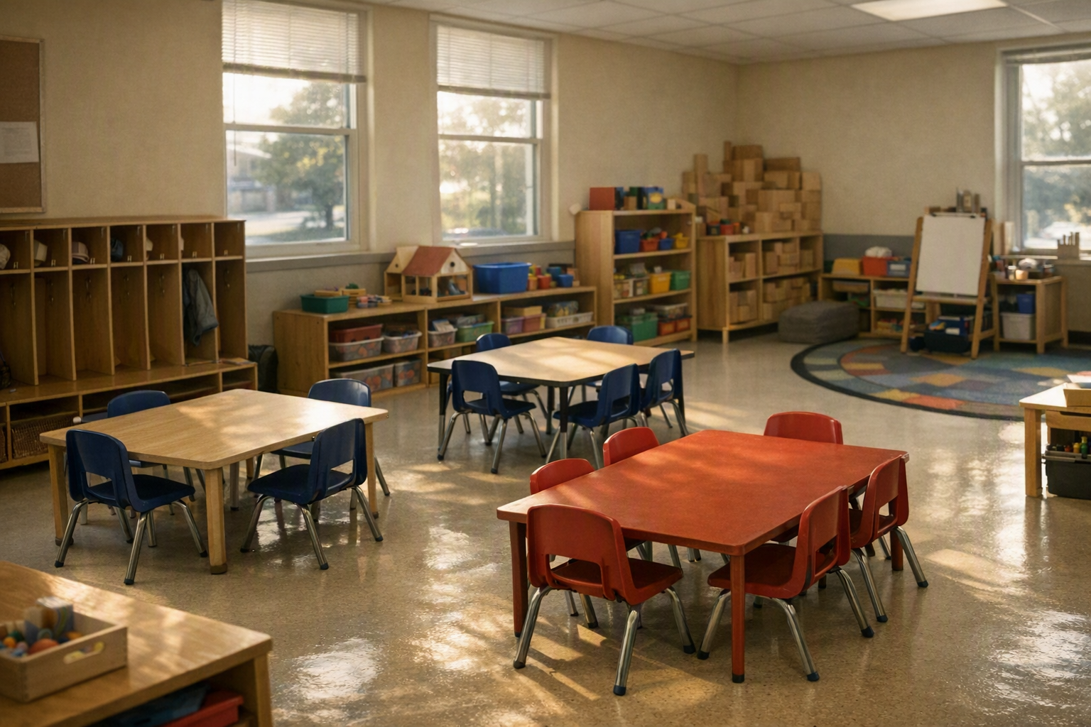 An empty pre-K classroom with small tables, chairs, cubbies, and toys arranged in soft morning light.