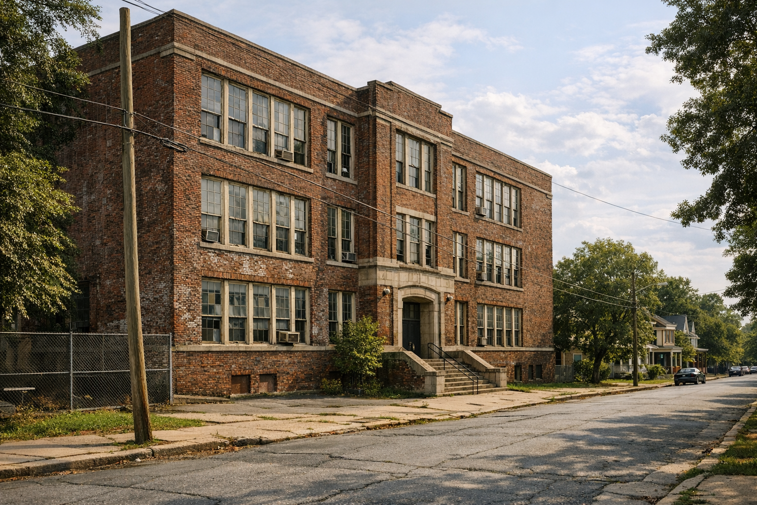 An older brick school building beside a city street, with worn pavement and mature trees in a Richmond neighborhood.