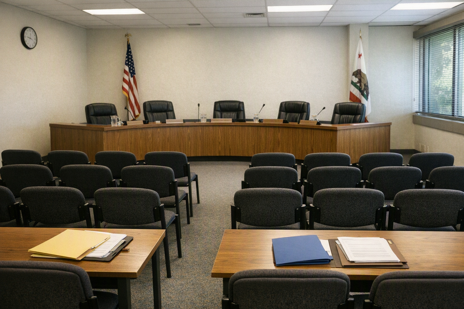 An empty school board meeting room with a raised dais, audience seating, and paper folders on tables inside a district office.
