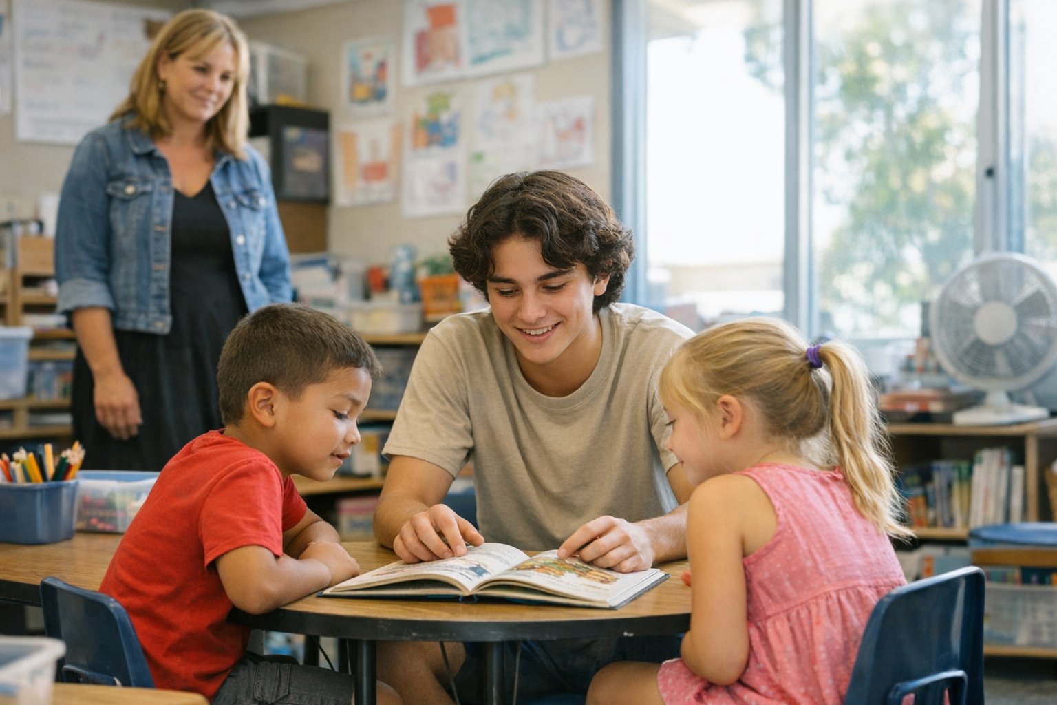 A teenage classroom assistant works with two elementary students at a small table while a teacher stands nearby in a bright classroom.