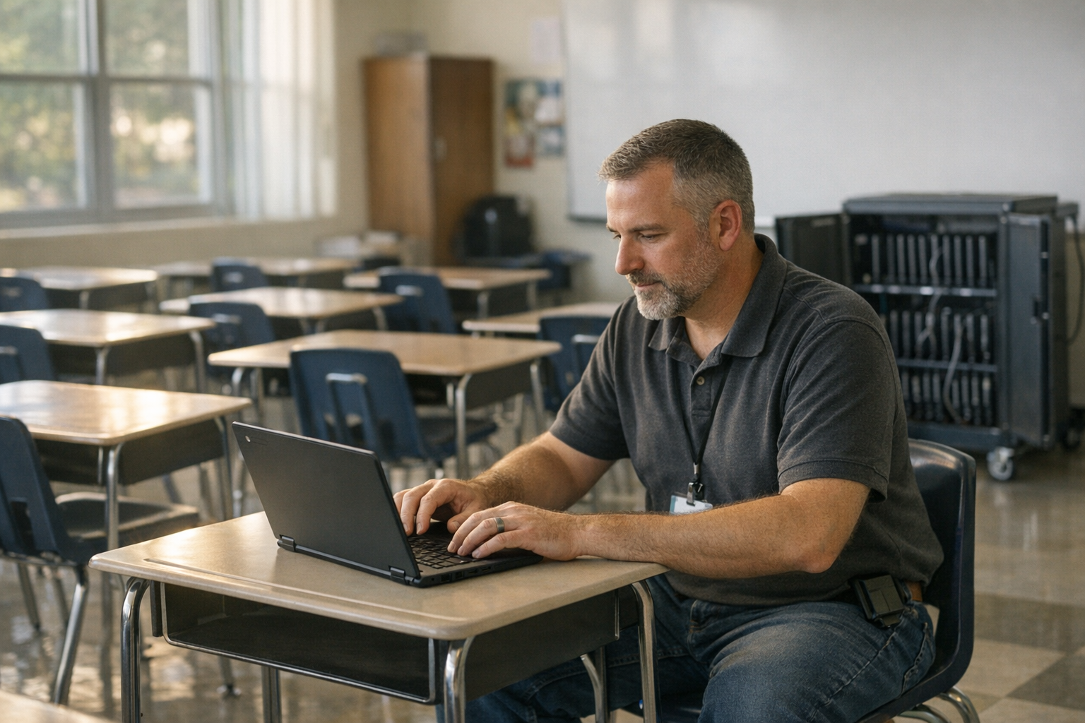 A school staff member checks a Chromebook at a student desk in an empty classroom with rows of desks and a laptop cart nearby.